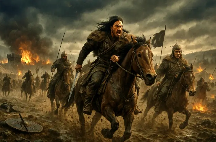 Attila’nın atlı Hun savaşçılarıyla birlikte bir Roma yerleşimine doğru ilerlediği dramatik savaş sahnesi.